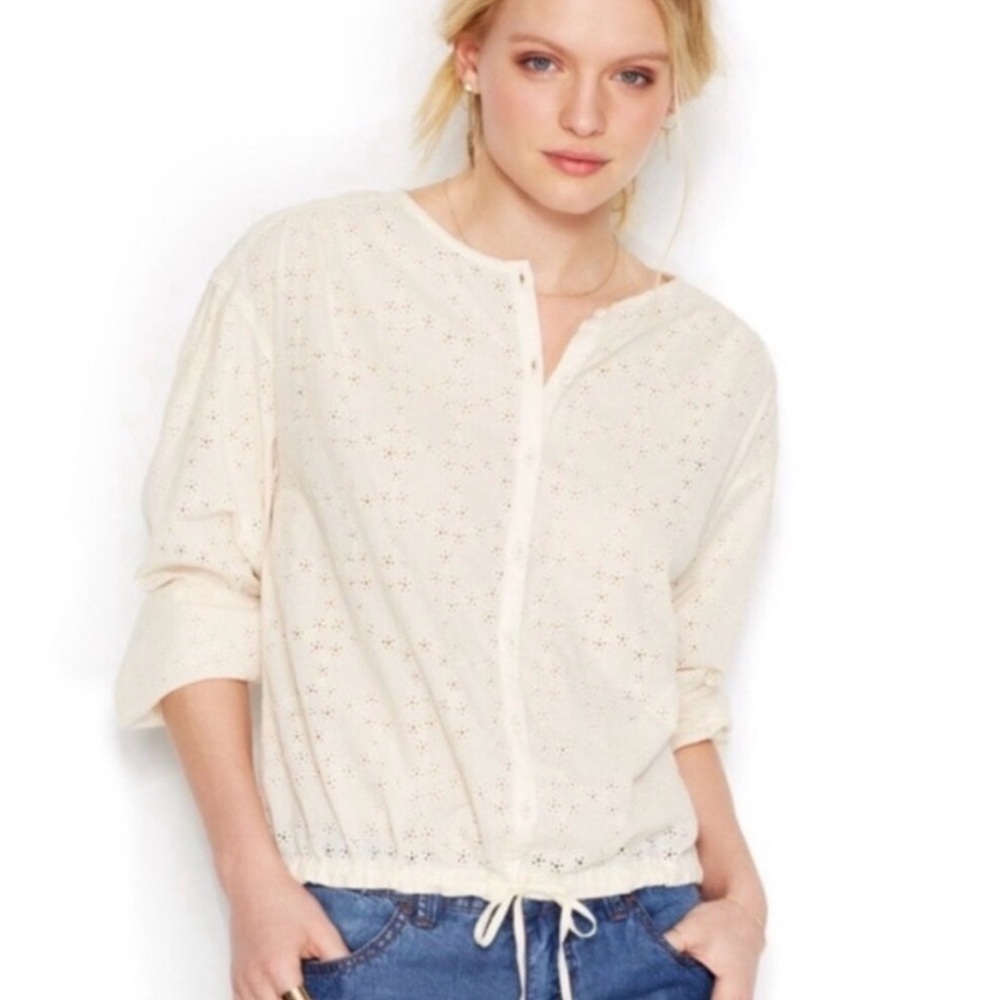Free People Cotton Eyelet Stars Align Top, Cream, Size Large
